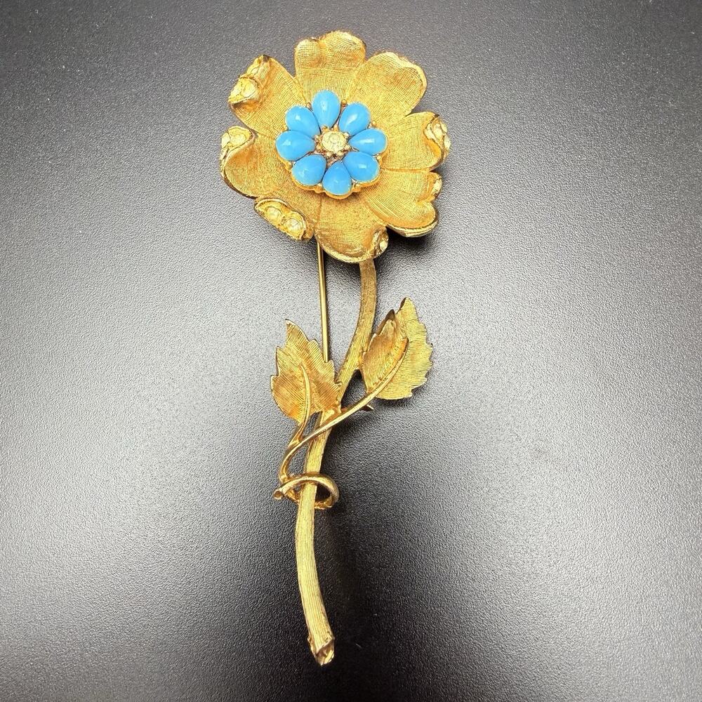Vintage Coro Long Stem Flower Brooch Turquoise Colored Beads 3-3/4" Long Signed